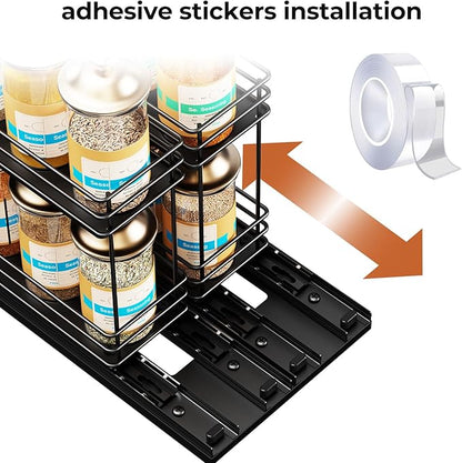 Mystozer Pull Out Spice Rack Organizer for Cabinet, Slide Out Spice Racks, Easy to Install, 7.08" Wx10.43 Dx8.26 H, 2 Drawers 2 Tiers(Black)