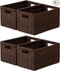 joybest Dark Brown Wicker Baskets for Shelves, 13.4L x 8.3W x 7.1H inch Hand-woven Storage Baskets for Pantry Organizing, Foldable Rectangular Bin with Handles, 4-pack