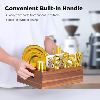 Eleckey Acacia Wood Utensil Holder Organizer for Party，Paper Plate Dispenser for Kitchen Counter