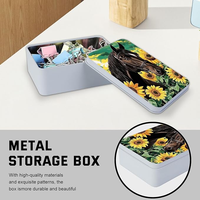 Metal Tin Box with Lid for Game Cards Home Large Organizer Candles Keys Crafts Storage - Comes with 4 Magnetic Cord Clips，Horses and Sunflowers