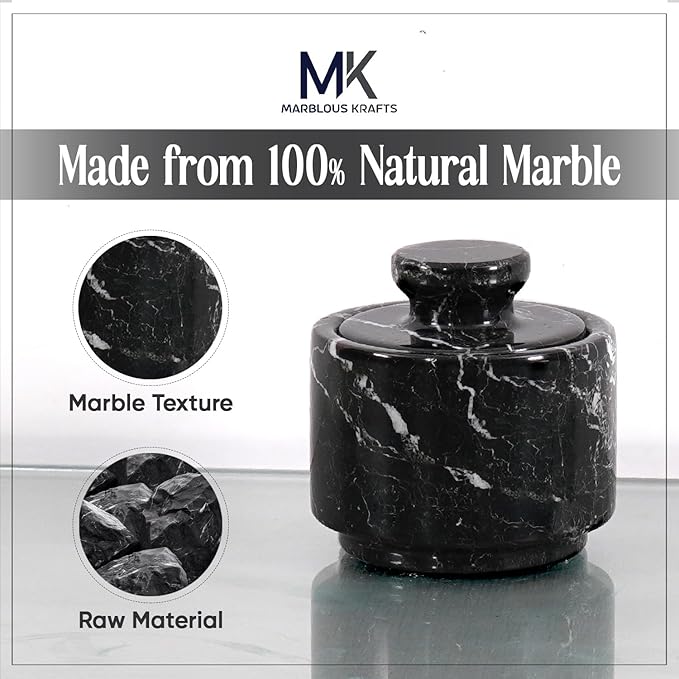MARBLOUS KRAFTS Marble Salt Cellar 3" Inch Black Zebra Stone Salt Dish, Sugar, Seasoning Salt Containers for Countertop, Modern Salt Holder with Lid, Kitchen Spice Jar, Perfect Mother’s Day Gift