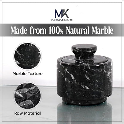 MARBLOUS KRAFTS Marble Salt Cellar 3" Inch Black Zebra Stone Salt Dish, Sugar, Seasoning Salt Containers for Countertop, Modern Salt Holder with Lid, Kitchen Spice Jar, Perfect Mother’s Day Gift