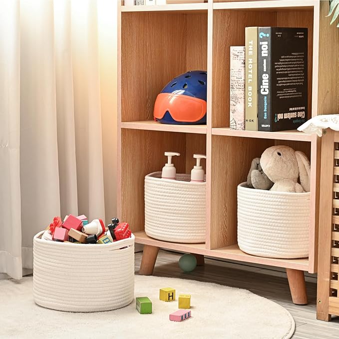 ICERZCZ Small Storage Baskets for Organizing, Woven Cotton Rope Organizer Baskets for Shelves, Round Cute Basket for Gifts Empty, 9.7"x9.7"x7" (3 Packs) Off White