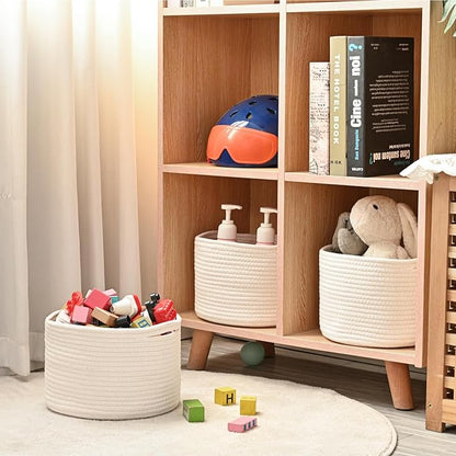ICERZCZ Small Storage Baskets for Organizing, Woven Cotton Rope Organizer Baskets for Shelves, Round Cute Basket for Gifts Empty, 9.7"x9.7"x7" (3 Packs) Off White