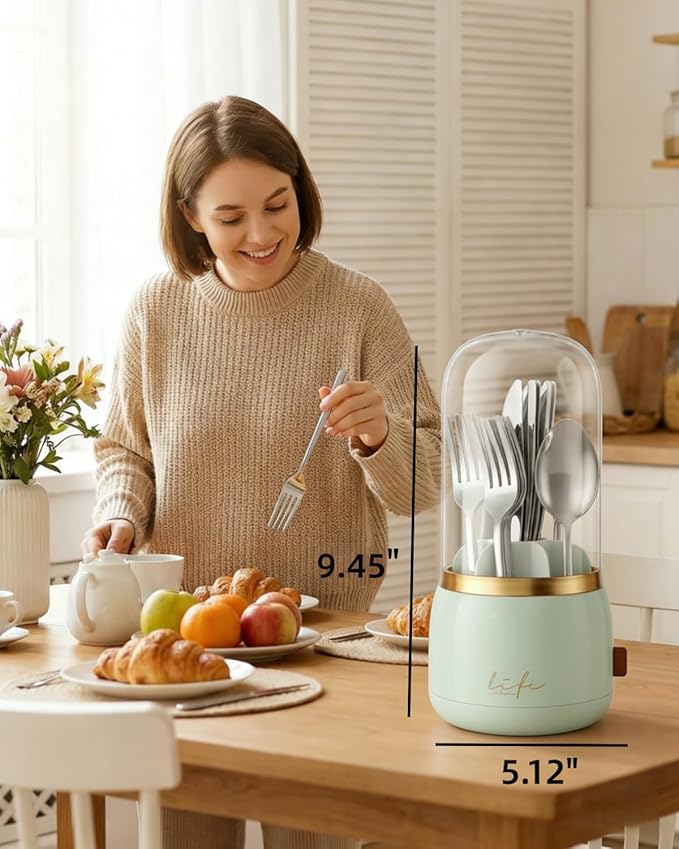 Silverware Organizer with Lid, 360° Rotation Utensil Holder for Kitchen Counter, Silverware Caddy for Party, 7 Slots Fits Standard Utensils & Steak Knives, Not for Extra-Long Knives (Light Green)