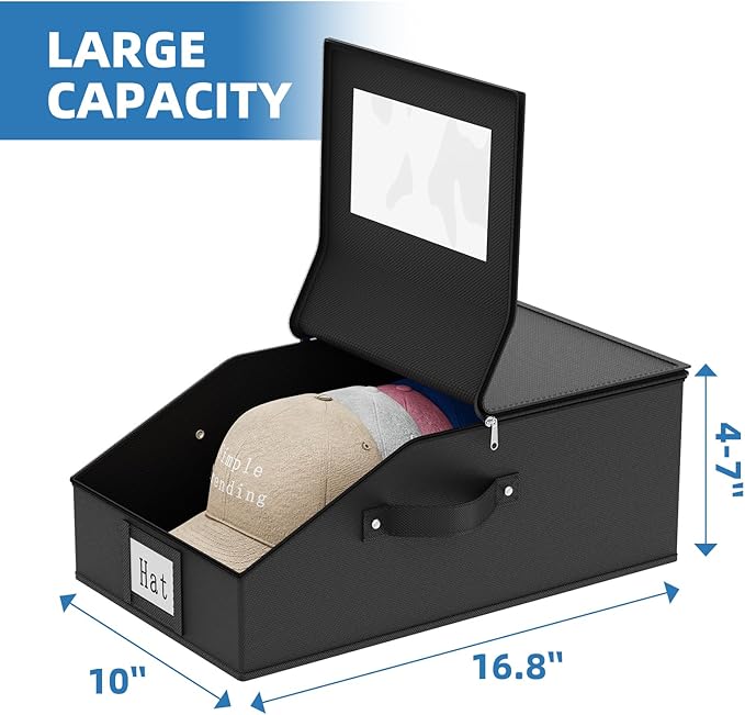 Simple Trending Hat Organizer for Baseball Caps, 2PCS Stackable Storage with Clear Window Lid,Hat Box for Closet, Holds up to 24 Caps Hat Organizer for Closet,Black