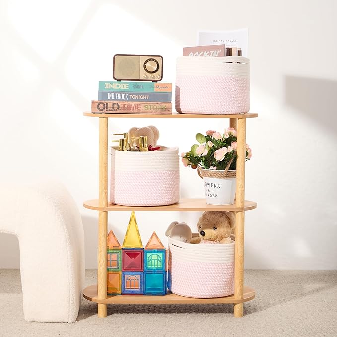MiniArk Small Basket for Organizing | Cube Shelf Closet Storage Baskets | 9.7×9.7×7.1” | Woven Rope Gift Basket | Nursery | Round 3 Packs Pink