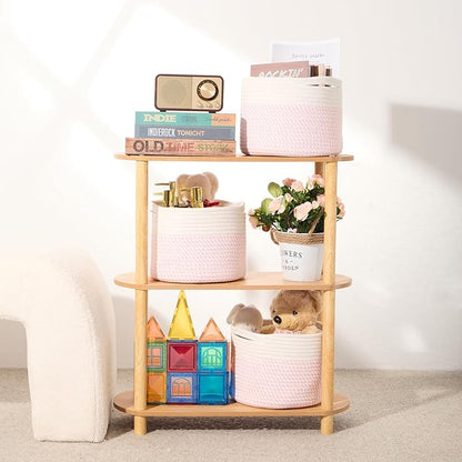 MiniArk Small Basket for Organizing | Cube Shelf Closet Storage Baskets | 9.7×9.7×7.1” | Woven Rope Gift Basket | Nursery | Round 3 Packs Pink