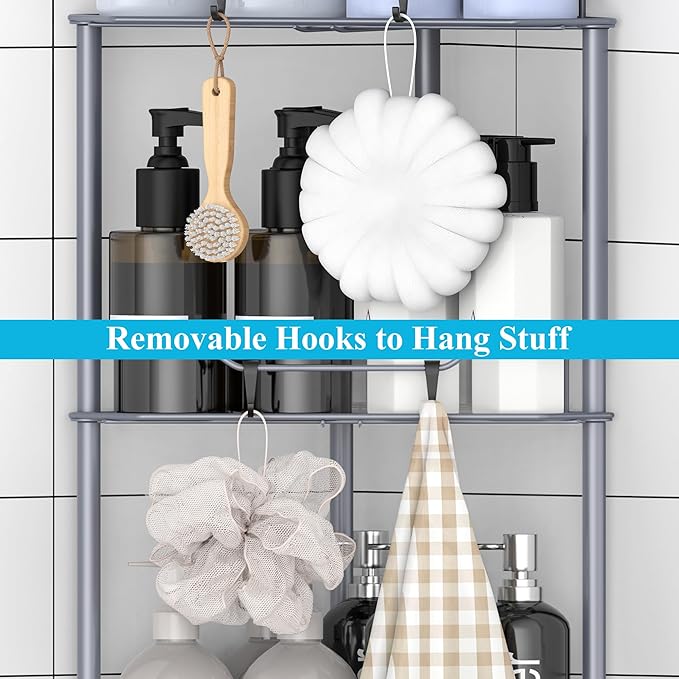 HuggieGems 4 Tier Floor Standing Corner Shower Caddy Organizer Shelf with Hooks, Bathroom Shelves Stand Rack, Dark Gray