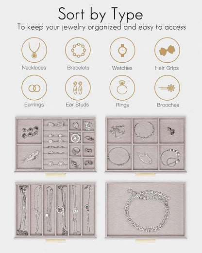 VLANDO 4 Layer Jewelry Box for Women, Glass Lid Jewelry Organizer with 4 Drawers for Necklaces Rings Earrings Bracelets - Grey