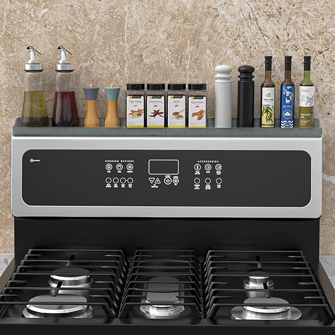 Magnetic Stove Shelf for Back of Stove, 30 Inch Silicone Stove Top Spice Rack for Kitchen Organization, Heat Resistant Over the Stove Shelf with 6 Powerful Magnets, Fits Flat & Curved Stoves- Grey