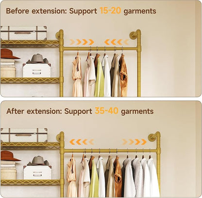 ONBRILL H2 Wall Mounted Clothing Rack, Expandable Industrial Pipe Clothes Rack Garment Racks for Hanging Clothes, Heavy Duty Closet Organizers and Storage in Closet System, Gold