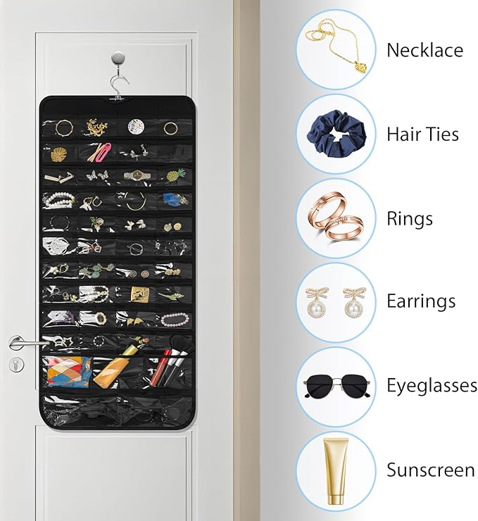 Bloss Hanging Jewelry Organizer With 90 Pockets,Earring Holder Organizer Storage For Valentine's Day Gift,Double-Sided Jewelry Holder for Earrings, Necklaces, Rings on Closet,Wall,Door(Black)