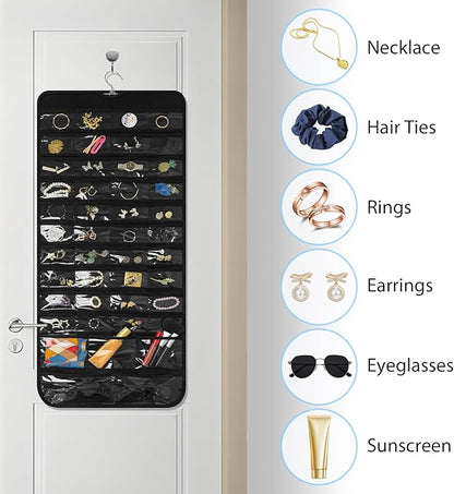 Bloss Hanging Jewelry Organizer With 90 Pockets,Earring Holder Organizer Storage For Valentine's Day Gift,Double-Sided Jewelry Holder for Earrings, Necklaces, Rings on Closet,Wall,Door(Black)