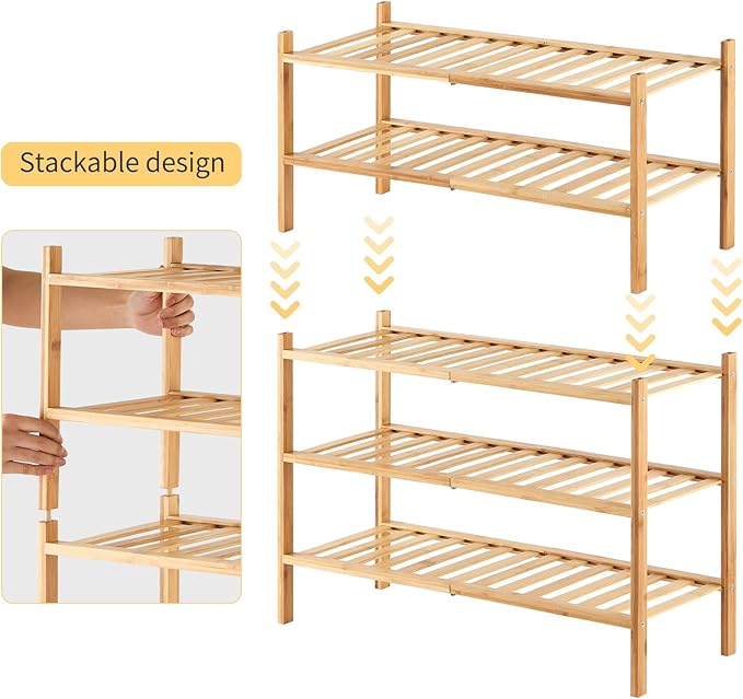 3-Tier Bamboo Shoe Rack for Entryway, Stackable | Heavy Duty | Multi-Function, Free Standing Shoe Racks for Bedroom Hallway Closet