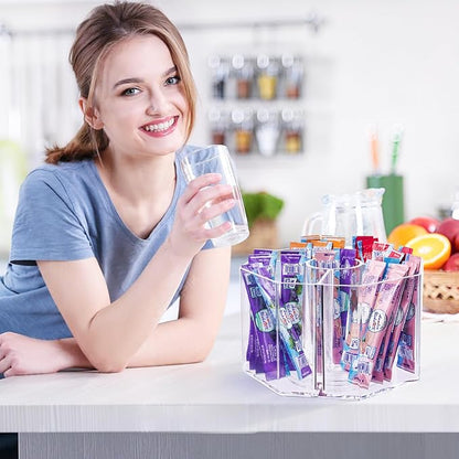 Drink Packet Organizer, 360 Degrees Rotating Acrylic Lazy Susan Organizer for Powdered Drink Mix Powder Packet, Water Flavor Packet Holder for Kitchen Pantry Storage, 5-Section
