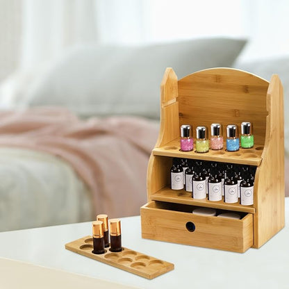 Dicunoy Essential Oils Storage Case, 46 Slots Nail Polish Shelf Display Rack with Drawer, Bamboo 3 Tiers Essential Oil Organizer Holds 10/15/20/30ml Bottles for Home, Cosmetic Shelf, Fairs, Shop