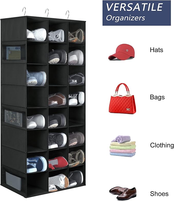 Hanging Shoe Organizer for Closet, 24 Sections Shoe Holder Hanger Rack, Space-Saving Shoe Organizers and Storage, Black