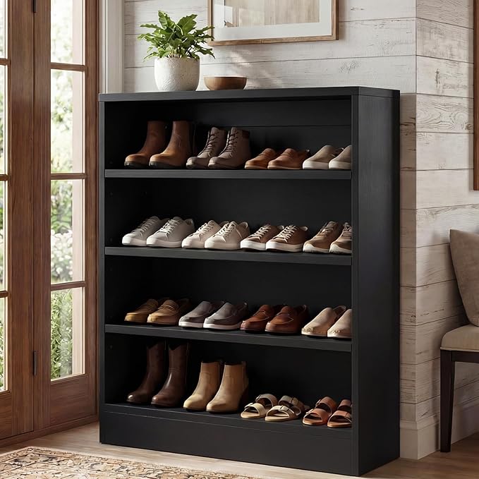 Homieasy Shoe Cabinet, 5-Tier Modern Wood Shoe Storage Organizer with 3 Adjustable Shelves for Entryway, Multi-Purpose Display Shelf & Storage Cabinet for Living Room, Bedroom, Black