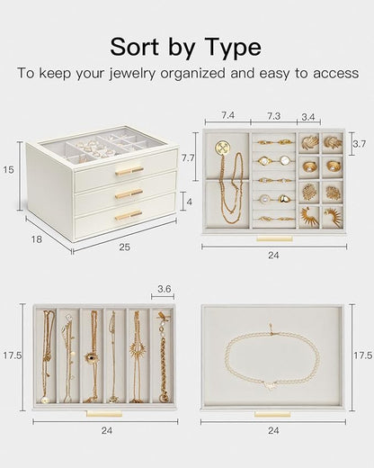 VLANDO Jewelry Box for Women, 3-Layer Jewelry Organizer with Drawers, Glass Lid Display Jewelry Storage, Soft PU Leather Exterior, Contrast Gold Metal Handles, Refined Style - Beige