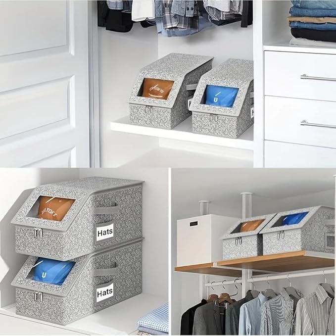 Hat Storage Box Organizer, 2-Pack, Stackable with Clear Windows, Holds 30 Baseball Caps, Grey