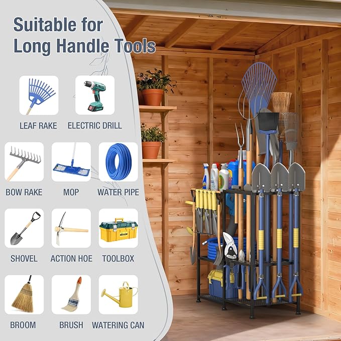 Garden Tool Organizer, Metal Yard Tool Organizer,Holds 70 Long-Handled Tools/Rakes/Brooms,Side Garden Pocket,Heavy Duty Steel Yard Tool Storage Rack for Garage,Shed, Outdoor(Black-Large)