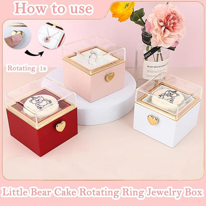 Little Bear Cake Rotating JewelryBox for Proposal - Rotating Ring Box Engagement Ring Box, Surprise Box Ring Bearer Box, necklace box for Birthday,Necklace Holder with Fabric Interior (pink)