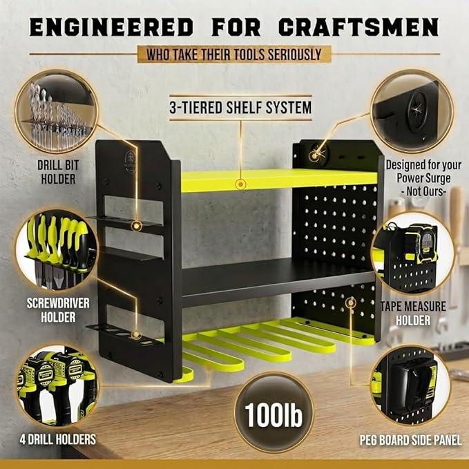BUILTSTRONG Power Tool Organizer Wall Mount – 3-Tier Heavy-Duty Steel Rack, 4 Drill Slots, Pegboard + Utility Side, 100 lb Capacity – Garage, Workshop & Shed Storage (Green)
