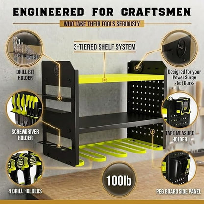 BUILTSTRONG Power Tool Organizer Wall Mount – 3-Tier Heavy-Duty Steel Rack, 4 Drill Slots, Pegboard + Utility Side, 100 lb Capacity – Garage, Workshop & Shed Storage (Green)