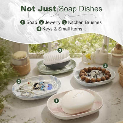 Elegant Ceramic Soap Dish for Shower with Unique Marble Texture, Decorative Bar Soap Holder for Bathroom & Kitchen, Easy Clean Versatile Cute Oval Soap Dishes for Soap Bars, Jewelry, Sponge