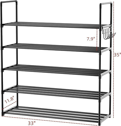 Metal Shoe Organizer,5 Tiers Shoe Storage Shoe Rack with Hooks,Fit 20-25 Pairs,Adjustable Shoe Shelf for Entryway,Hallway,Bedroom,Metal Bottom Support