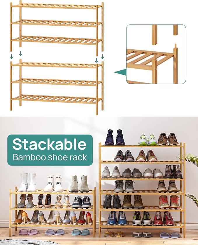 viewcare 3-Tier Long Shoe Rack, Bamboo Wood Shoe Rack for Closet, Entryway & Hallway, Stackable | Beautiful | Functional | Sturdy