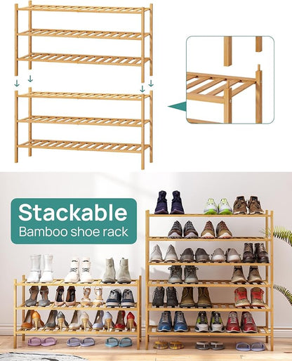 viewcare 3-Tier Long Shoe Rack, Bamboo Wood Shoe Rack for Closet, Entryway & Hallway, Stackable | Beautiful | Functional | Sturdy