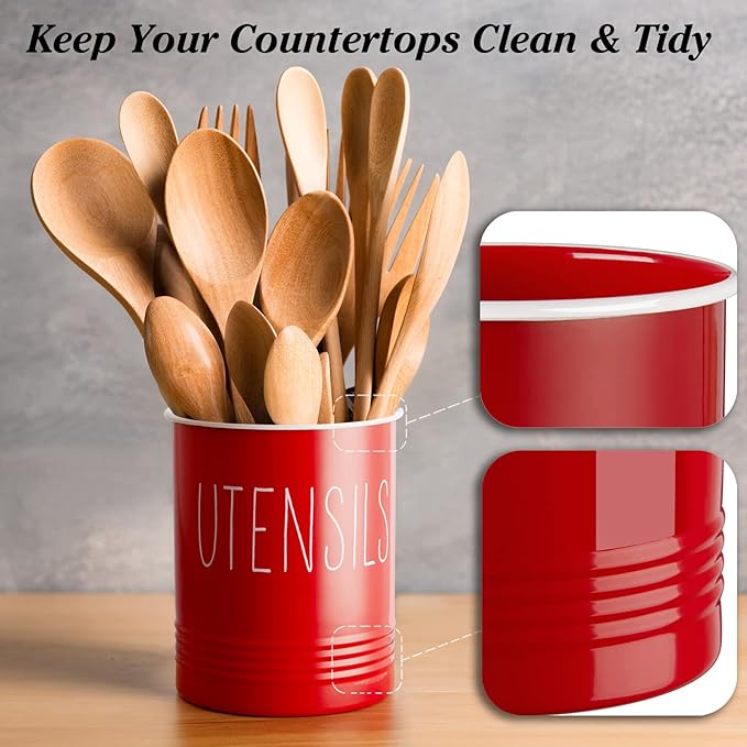 Bivvclaz Kitchen Utensil Holder - 6.7" Utensil Holder for Kitchen Counter - Cooking Utensil Crock with Cork Bottom - Red Decor and Accessories - Countertop Utensil Storage Caddy Organizer