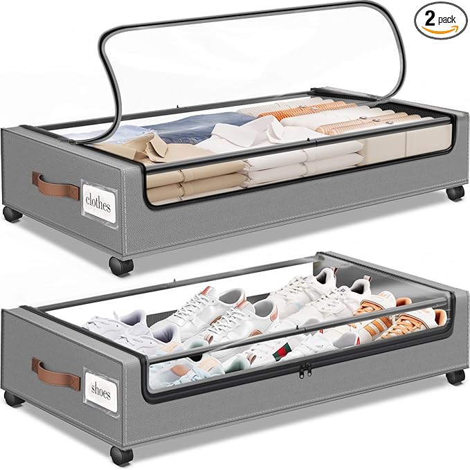 SpaceHacks Under Bed Storage with Wheels 2Pack Underbed Storage with Clear Window&Label Under Bed Drawers Large Capacity Rolling Under Bed Storage for Clothes,Shoes, Blankets (Light Grey)