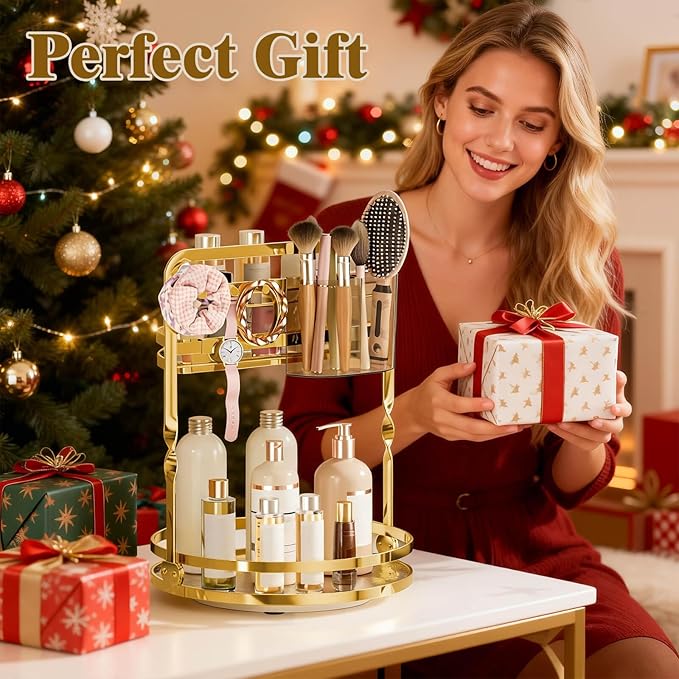 360 Rotating Makeup Organizer for Vanity, Gold Perfume Organizer, 2-Tier Lazy Susan for Bathroom Counter Organizer, Large Spinning Skincare Dresser Storage with Brush Holder & Jewelry Hooks