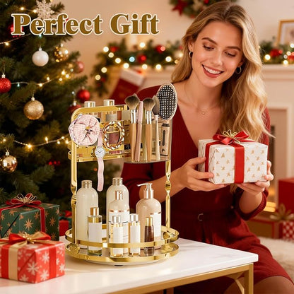 360 Rotating Makeup Organizer for Vanity, Gold Perfume Organizer, 2-Tier Lazy Susan for Bathroom Counter Organizer, Large Spinning Skincare Dresser Storage with Brush Holder & Jewelry Hooks
