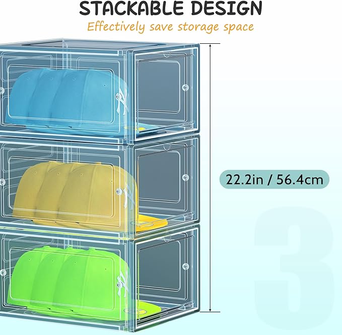 SCAVATA 6 Pack Hat Organizer Box, Stackable Clear Baseball Caps Holder Box Containers with Magnetic Door for Hats Snapback Cap Storag, Hat Rack Display Case, Holds 8 Hats Each (Blue)