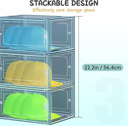 SCAVATA 6 Pack Hat Organizer Box, Stackable Clear Baseball Caps Holder Box Containers with Magnetic Door for Hats Snapback Cap Storag, Hat Rack Display Case, Holds 8 Hats Each (Blue)