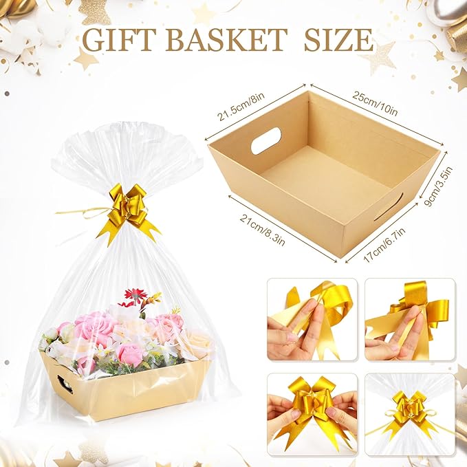AFOROEOA 10PACK Baskets For Gifts Empty, 10 x 8”Thick Kraft Gift Basket with 10 Clear Gift Bags and 10 Pull Bows, Empty Gift Baskets for Christmas, Thanksgiving Wedding Birthday Party Wrapping Gift