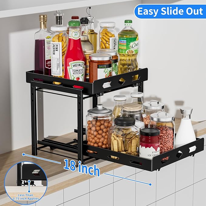 BOIVSHI Pull Out Spice Rack Organizer for Cabinet, 2 Tier Cabinet Spice Rack Organizer, Height Adjustable Vertical Spice Rack for Kitchen Cabinet (11.9''Wx10.8''Dx9.2''H, Metal Black)