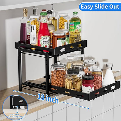 BOIVSHI Pull Out Spice Rack Organizer for Cabinet, 2 Tier Cabinet Spice Rack Organizer, Height Adjustable Vertical Spice Rack for Kitchen Cabinet (11.9''Wx10.8''Dx9.2''H, Metal Black)