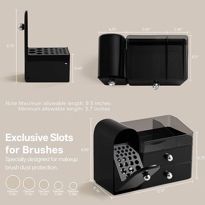 HBlife Makeup Organizer Countertop with Drawers, Vanity Organizers with Brush Holder, Bathroom Counter Organizer for Perfume, Nail Polishes, Lipsticks, Skincare and Eyeshadow Palettes, Black Silver