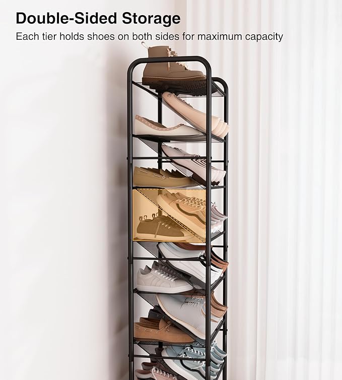 STO STO 8-Tier Narrow Shoe Rack with Lockable Wheels, Double-Sided Vinyl Mesh Shelf Shoe Organizer for Up to 30 Pairs, Slim Space Saving Metal Rolling Shoe Storage for Entryway, Closet, Hallway