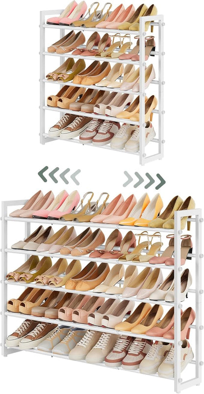 FAVOOSTY 5-Tier Expandable Shoe Rack, Adjustable Shoe Shelf Storage Organizer Space Saving Metal Free Standing Shoe Rack for Entryway Closet Doorway, Silver Grey (White, 5 Tier)