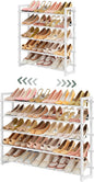 FAVOOSTY 5-Tier Expandable Shoe Rack, Adjustable Shoe Shelf Storage Organizer Space Saving Metal Free Standing Shoe Rack for Entryway Closet Doorway, Silver Grey (White, 5 Tier)