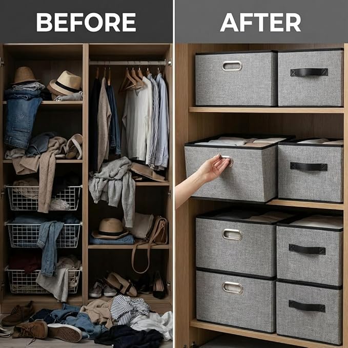 PRANDOM Large Foldable Storage Bins for Shelves [3-pack] Decorative Linen Fabric Storage Baskets Cubes with Leather/Metal Handles for Closet Nursery Office Grey and Black Trim (14.9x9.8x8.3 Inch)