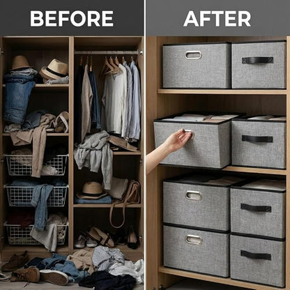 PRANDOM Large Foldable Storage Bins for Shelves [3-pack] Decorative Linen Fabric Storage Baskets Cubes with Leather/Metal Handles for Closet Nursery Office Grey and Black Trim (14.9x9.8x8.3 Inch)