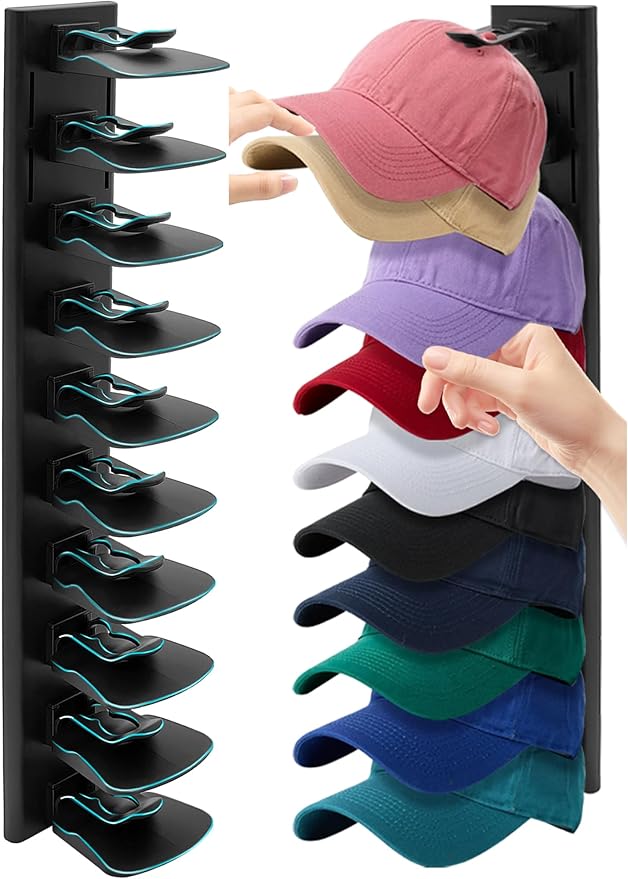 Hat Racks for Baseball Caps,Hats Rack Organizer Hold Up to 20 Hats,Hat Organizer for Baseball Caps Hat Holder Storage Display Adhesive/Wall Drilled for Wall,Door,Closet,Hat Racks for wall (1PK, Black)