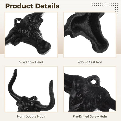 Homaisson 4 PCS Cowboy Hat Rack for Wall, Cast Iron Bull Head Hook with Longhorn, Vintage Hat Holder, Rustic Wall Coat Hanger